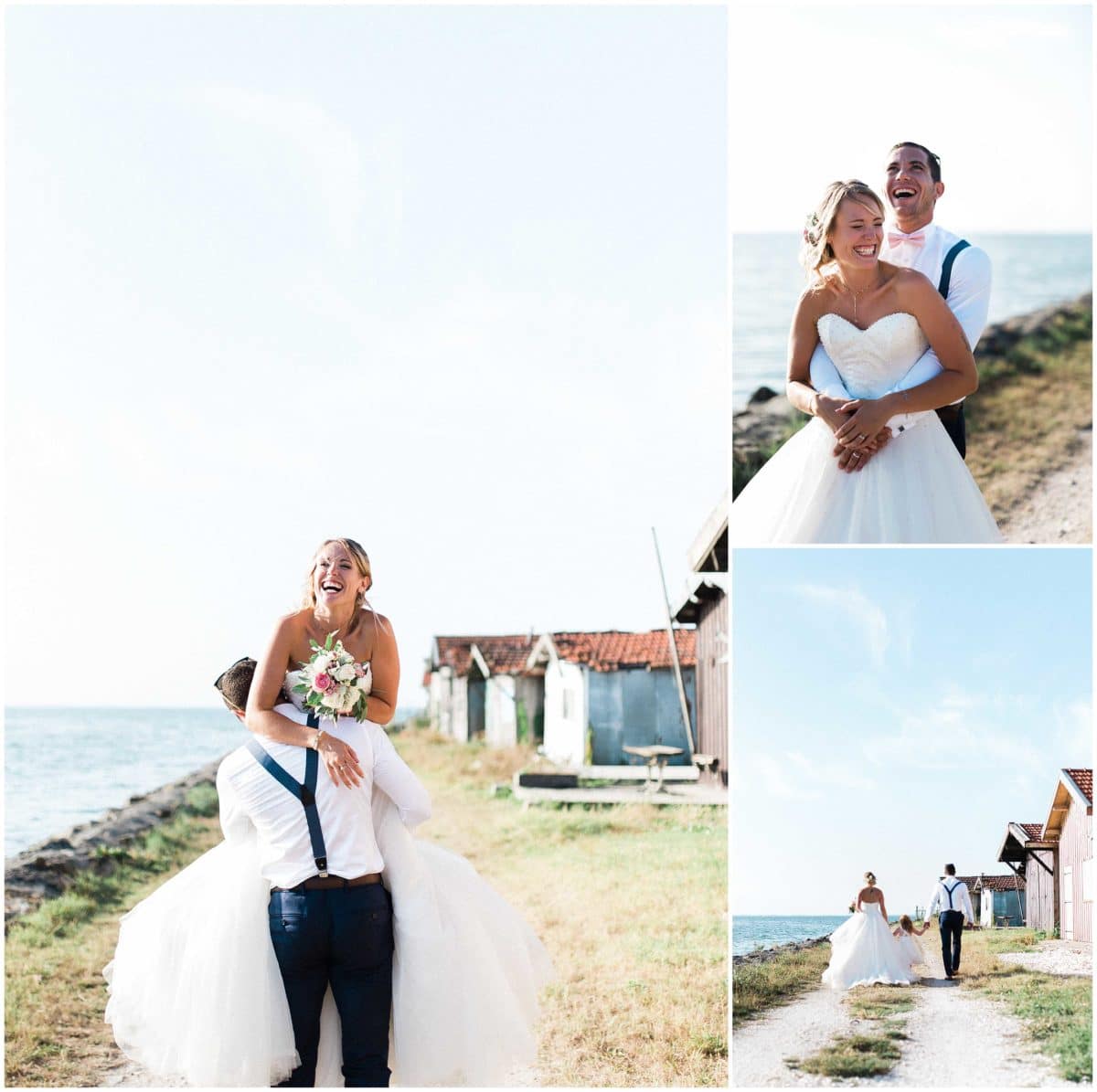 seance couple sur le Bassin d'Arcachon pour un mariage les pieds dans l'eau au port de Larros dans les cabanes à huitre par Pixaile Photography