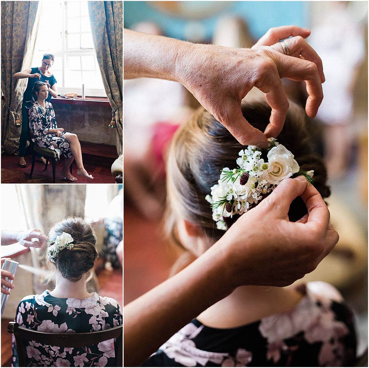 voici une coiffure de mariage a Bordeaux au château de la ligne a Bordeaux a Lignan en gironde dans le sud de la France par un photographe de mariage Pixaile Photography