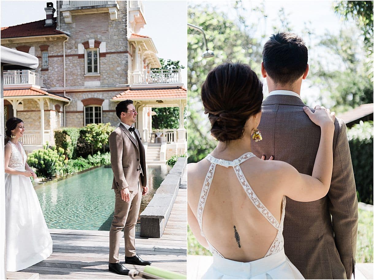 first look a la villa la tosca lors de la decouverte des mariés avec un photographe professionnel de mariage sur bordeaux pixaile photography